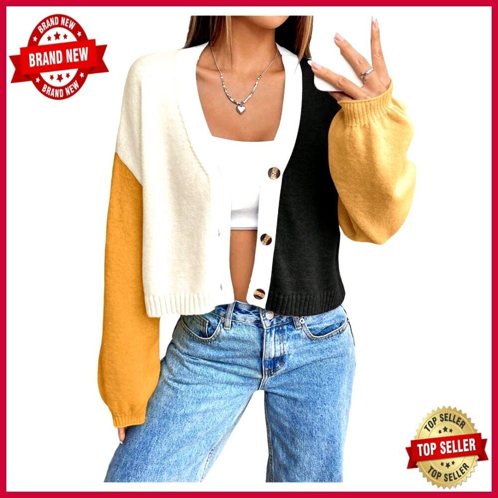 Cropped V-Neck Cardigan Sweater, Lantern Sleeves, Knitted Acrylic Blend